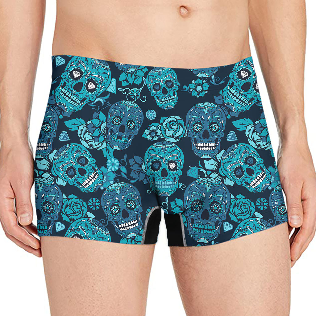 Teal Sugar Skull Flower Pattern Print Men's Boxer Briefs