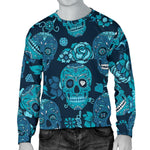 Teal Sugar Skull Flower Pattern Print Men's Crewneck Sweatshirt GearFrost