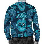 Teal Sugar Skull Flower Pattern Print Men's Crewneck Sweatshirt GearFrost