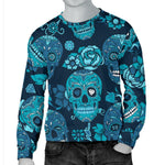 Teal Sugar Skull Flower Pattern Print Men's Crewneck Sweatshirt GearFrost