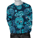 Teal Sugar Skull Flower Pattern Print Men's Crewneck Sweatshirt GearFrost