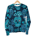 Teal Sugar Skull Flower Pattern Print Men's Crewneck Sweatshirt GearFrost
