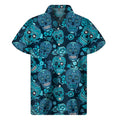 Teal Sugar Skull Flower Pattern Print Men's Short Sleeve Shirt