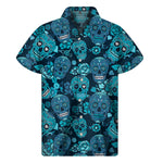 Teal Sugar Skull Flower Pattern Print Men's Short Sleeve Shirt