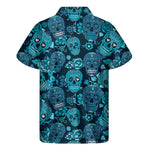 Teal Sugar Skull Flower Pattern Print Men's Short Sleeve Shirt