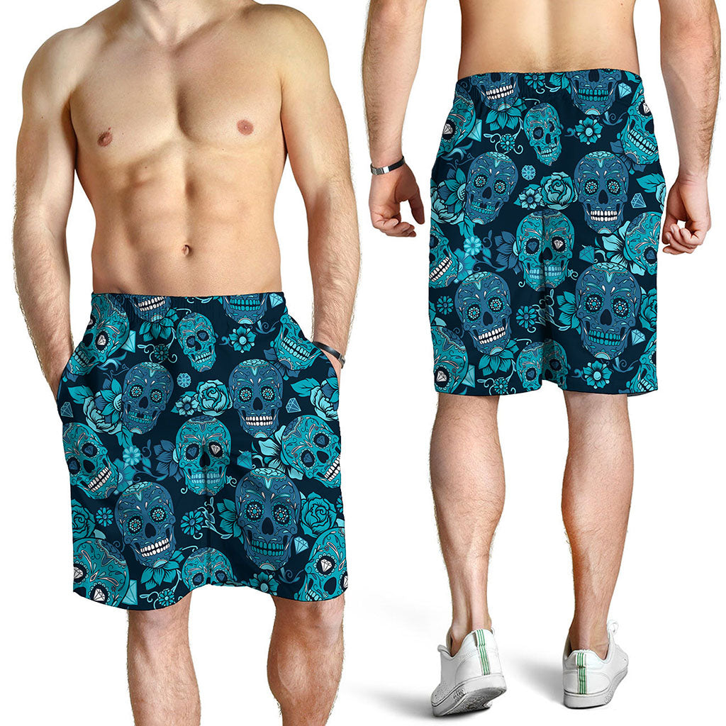 Teal Sugar Skull Flower Pattern Print Men's Shorts