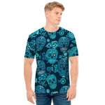 Teal Sugar Skull Flower Pattern Print Men's T-Shirt