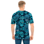 Teal Sugar Skull Flower Pattern Print Men's T-Shirt