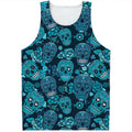 Teal Sugar Skull Flower Pattern Print Men's Tank Top