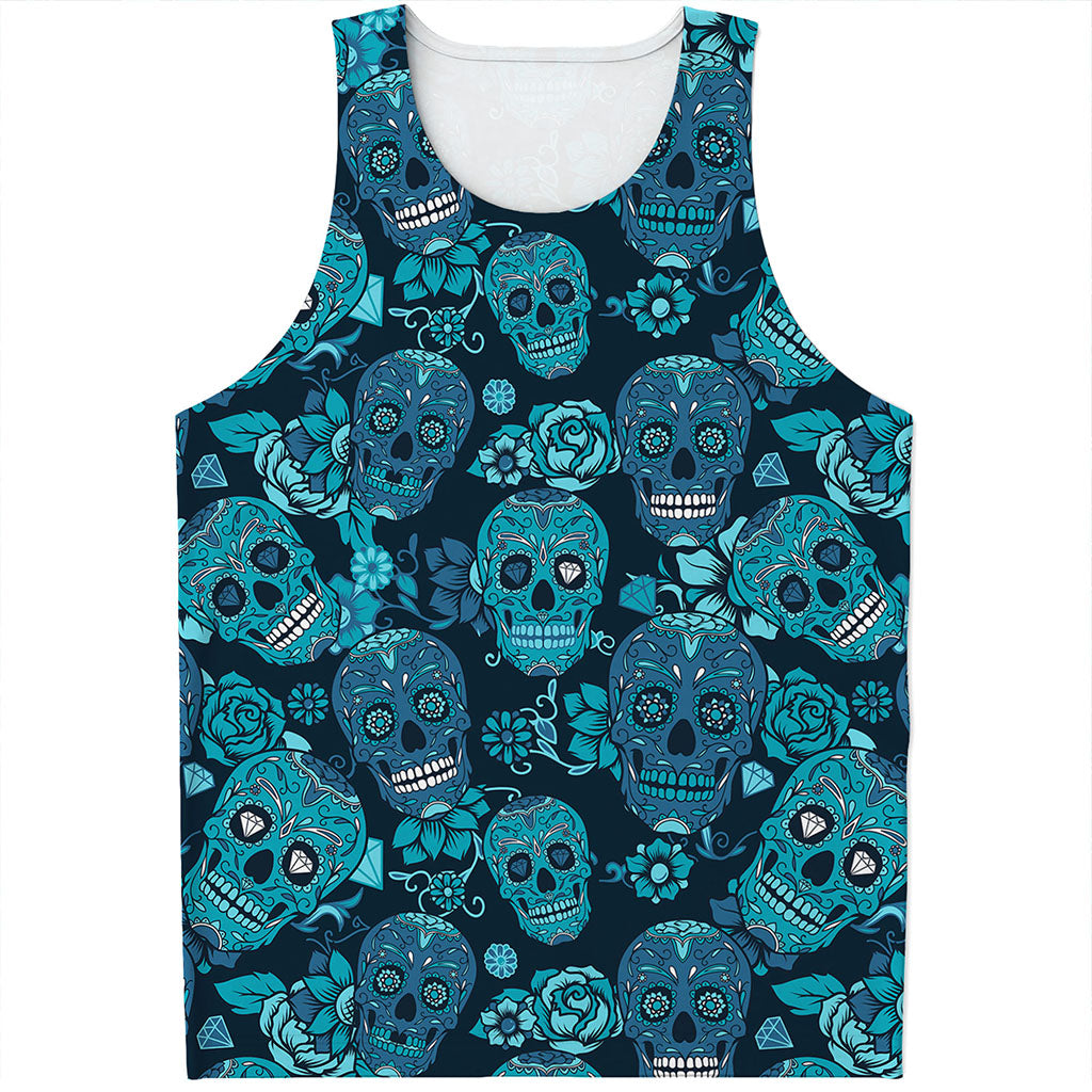 Teal Sugar Skull Flower Pattern Print Men's Tank Top