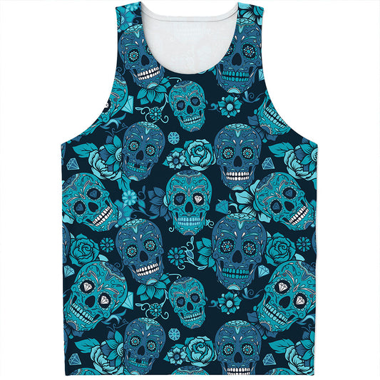 Teal Sugar Skull Flower Pattern Print Men's Tank Top