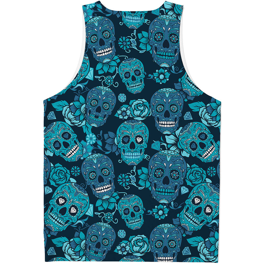 Teal Sugar Skull Flower Pattern Print Men's Tank Top