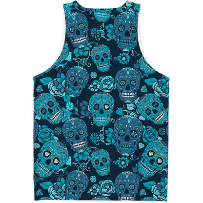 Teal Sugar Skull Flower Pattern Print Men's Tank Top