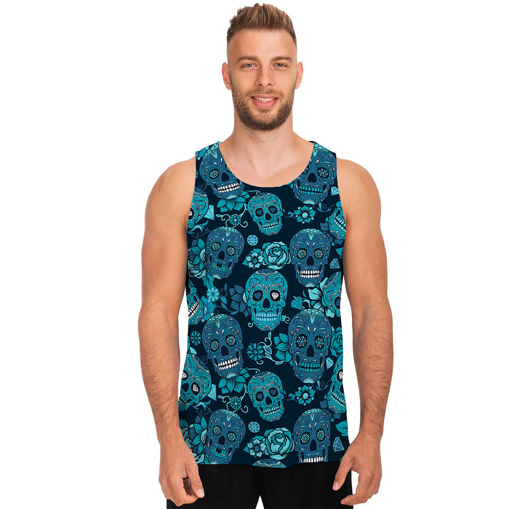 Teal Sugar Skull Flower Pattern Print Men's Tank Top