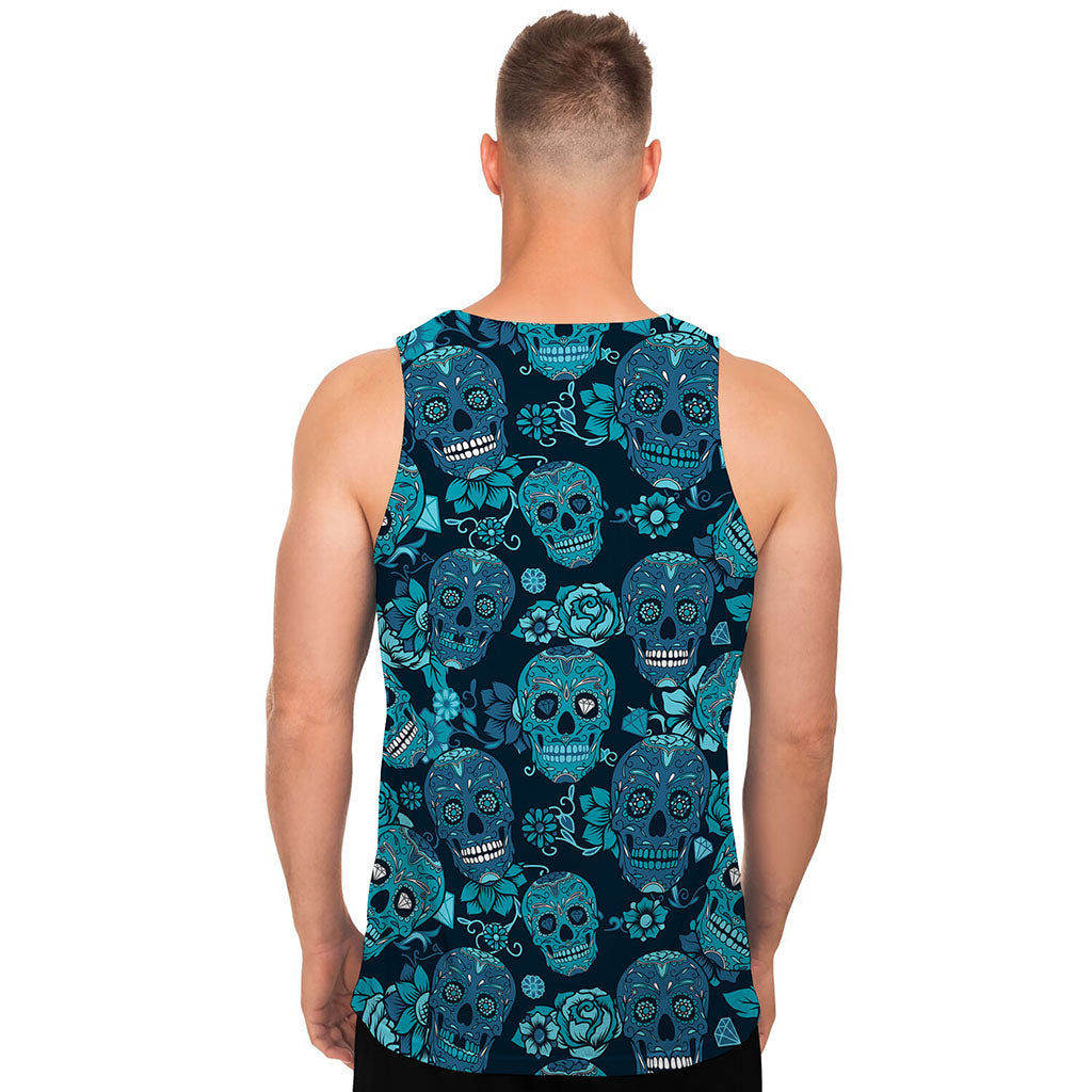 Teal Sugar Skull Flower Pattern Print Men's Tank Top