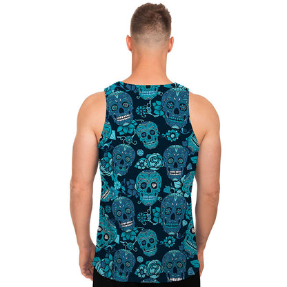 Teal Sugar Skull Flower Pattern Print Men's Tank Top