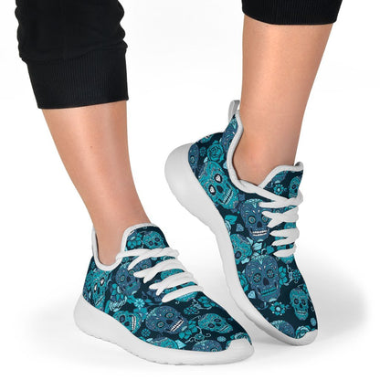 Teal Sugar Skull Flower Pattern Print Mesh Knit Shoes GearFrost