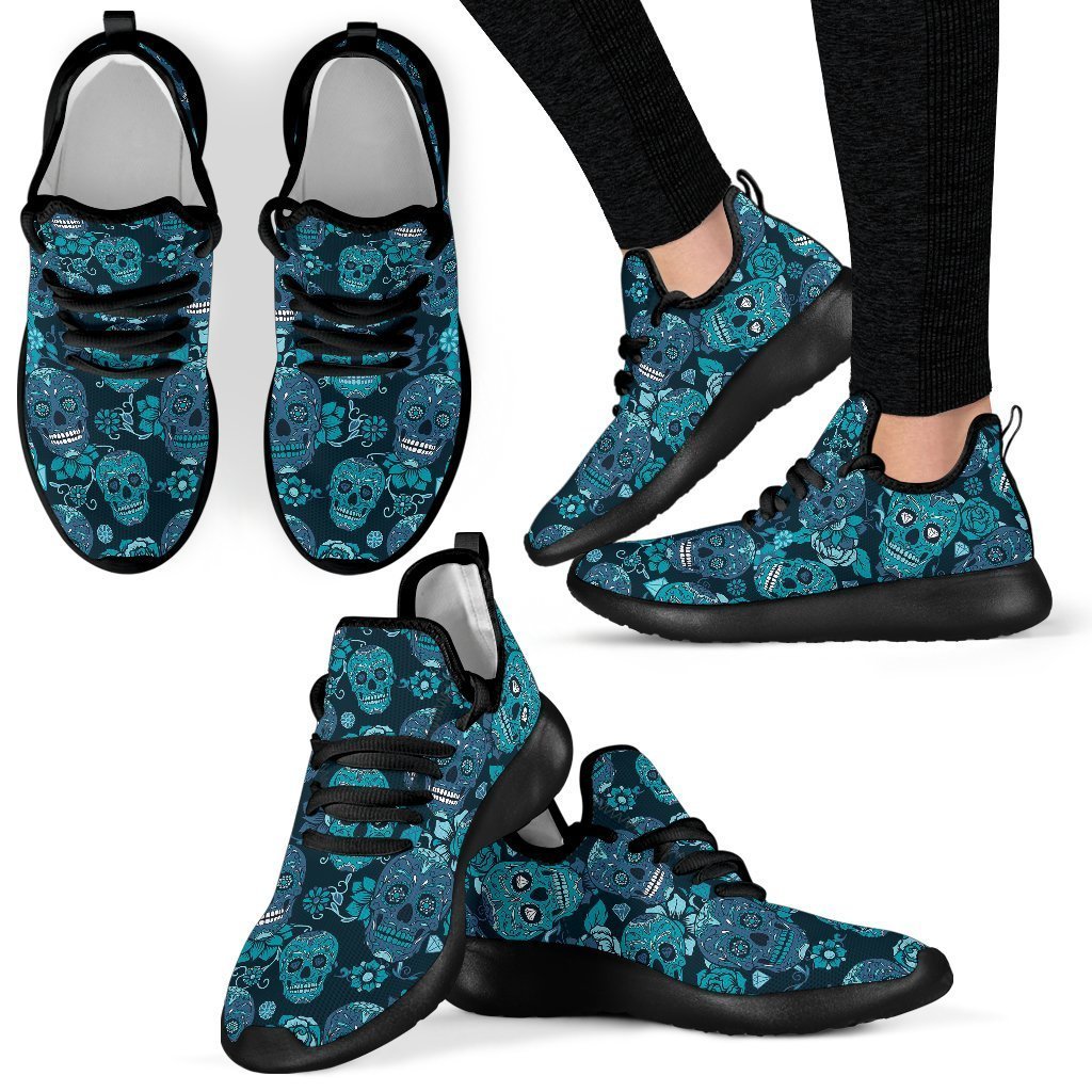 Teal Sugar Skull Flower Pattern Print Mesh Knit Shoes GearFrost