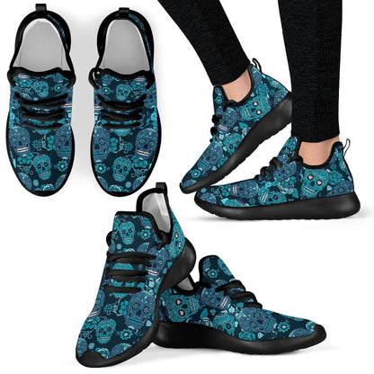 Teal Sugar Skull Flower Pattern Print Mesh Knit Shoes GearFrost