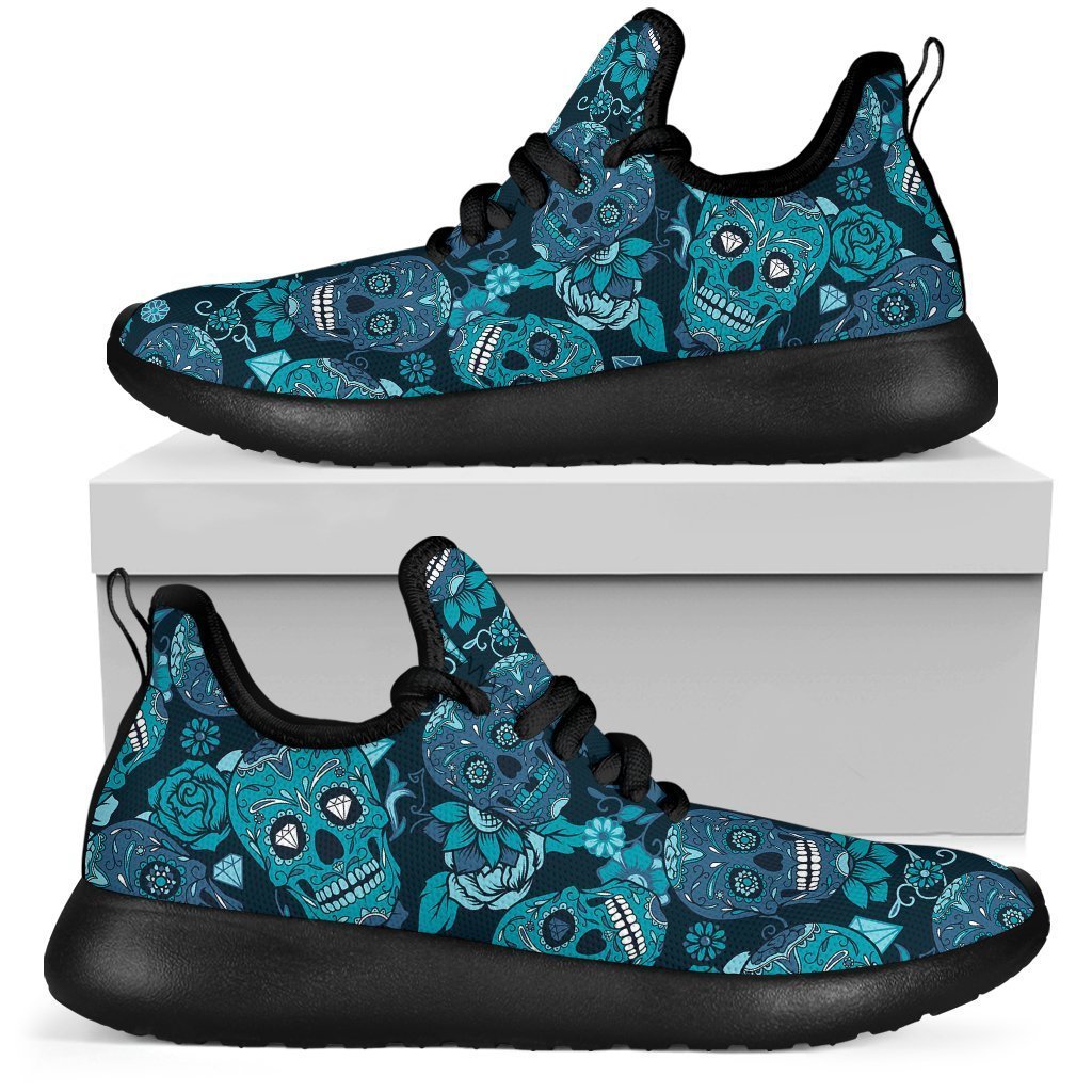 Teal Sugar Skull Flower Pattern Print Mesh Knit Shoes GearFrost