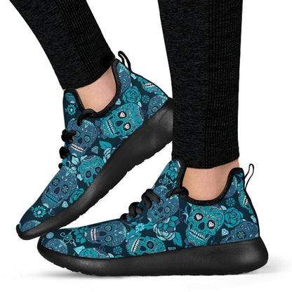 Teal Sugar Skull Flower Pattern Print Mesh Knit Shoes GearFrost