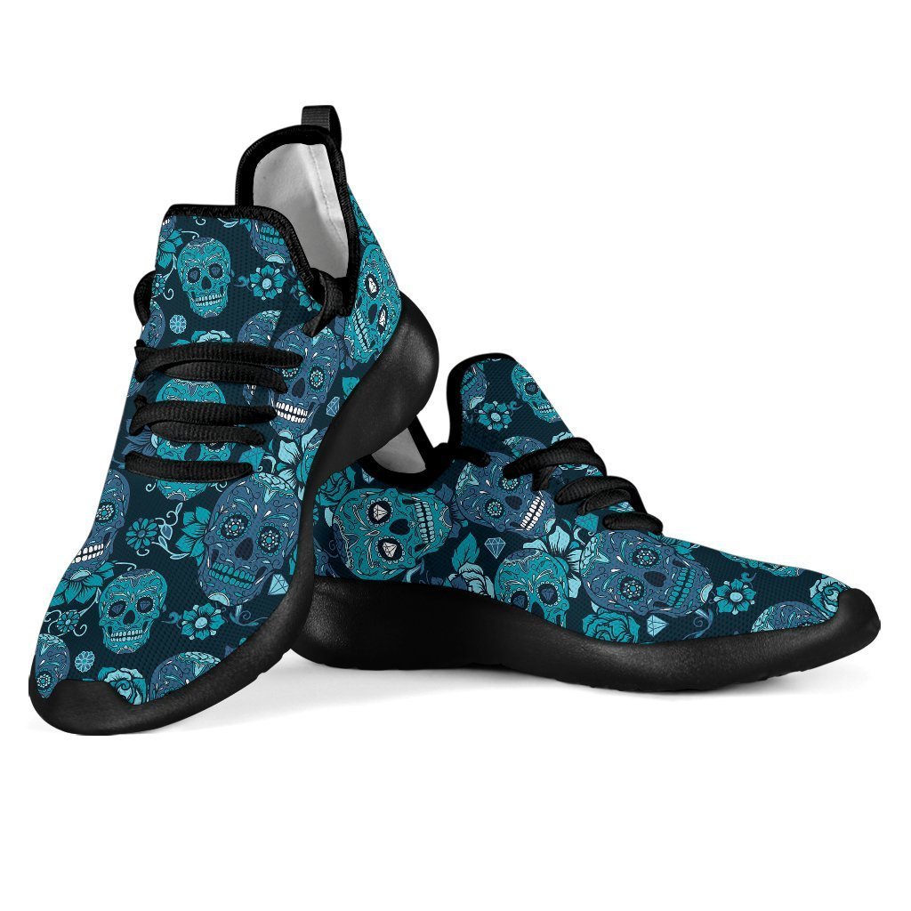 Teal Sugar Skull Flower Pattern Print Mesh Knit Shoes GearFrost