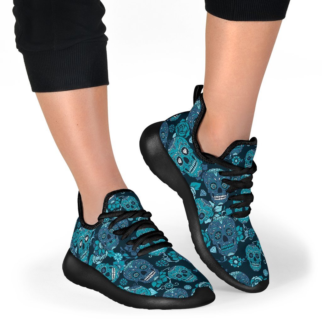 Teal Sugar Skull Flower Pattern Print Mesh Knit Shoes GearFrost