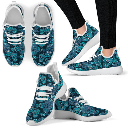 Teal Sugar Skull Flower Pattern Print Mesh Knit Shoes GearFrost