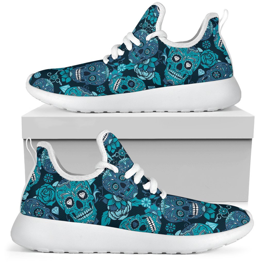 Teal Sugar Skull Flower Pattern Print Mesh Knit Shoes GearFrost