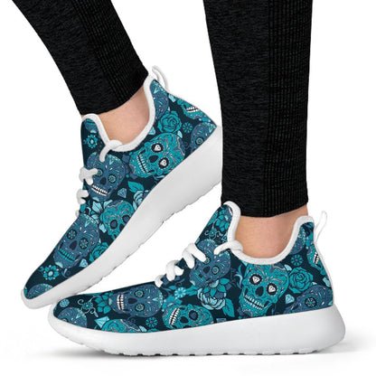 Teal Sugar Skull Flower Pattern Print Mesh Knit Shoes GearFrost