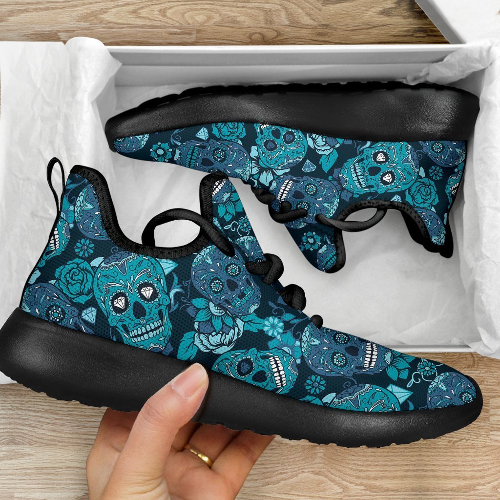 Teal Sugar Skull Flower Pattern Print Mesh Knit Shoes GearFrost