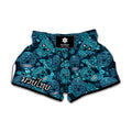 Teal Sugar Skull Flower Pattern Print Muay Thai Boxing Shorts