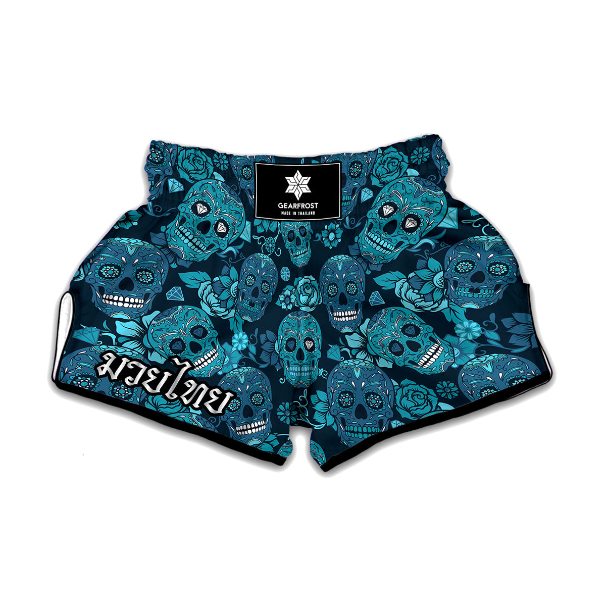 Teal Sugar Skull Flower Pattern Print Muay Thai Boxing Shorts