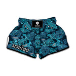 Teal Sugar Skull Flower Pattern Print Muay Thai Boxing Shorts