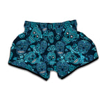 Teal Sugar Skull Flower Pattern Print Muay Thai Boxing Shorts