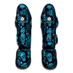Teal Sugar Skull Flower Pattern Print Muay Thai Shin Guard
