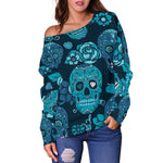 Teal Sugar Skull Flower Pattern Print Off Shoulder Sweatshirt GearFrost