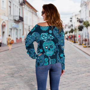 Teal Sugar Skull Flower Pattern Print Off Shoulder Sweatshirt GearFrost