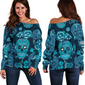 Teal Sugar Skull Flower Pattern Print Off The Shoulder Sweatshirt