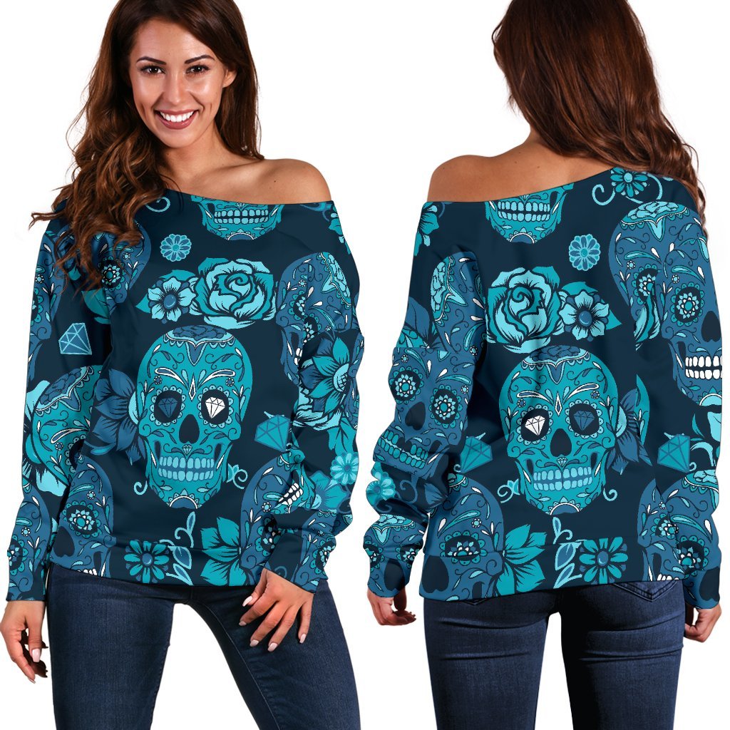 Teal Sugar Skull Flower Pattern Print Off Shoulder Sweatshirt GearFrost