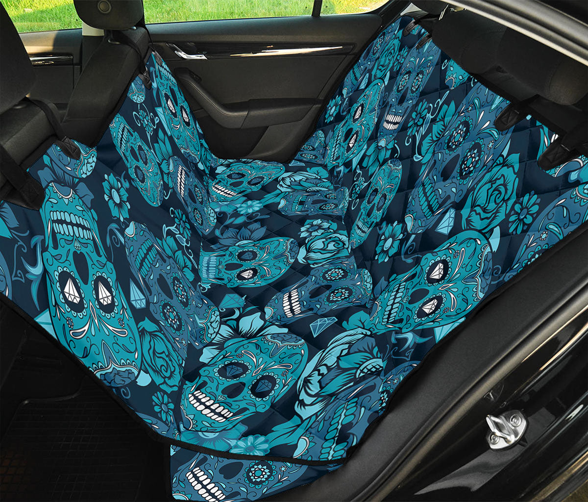 Teal Sugar Skull Flower Pattern Print Pet Car Back Seat Cover