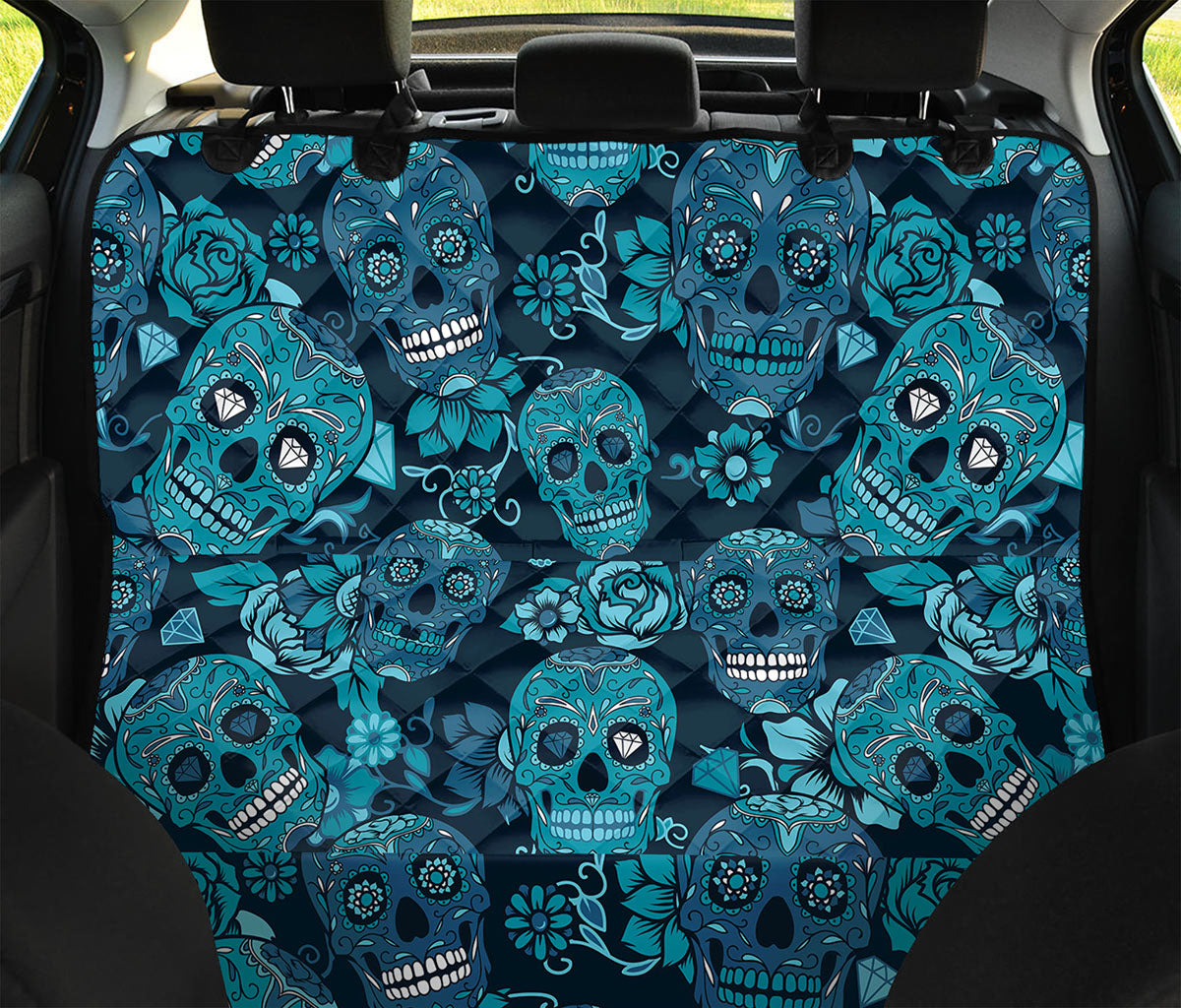 Teal Sugar Skull Flower Pattern Print Pet Car Back Seat Cover