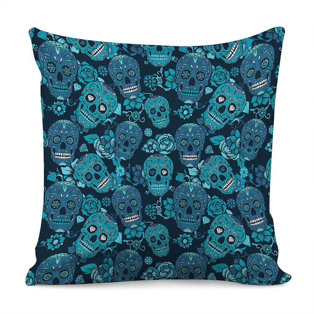 Teal Sugar Skull Flower Pattern Print Pillow Cover