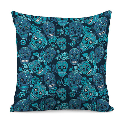 Teal Sugar Skull Flower Pattern Print Pillow Cover
