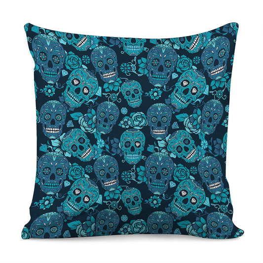 Teal Sugar Skull Flower Pattern Print Pillow Cover