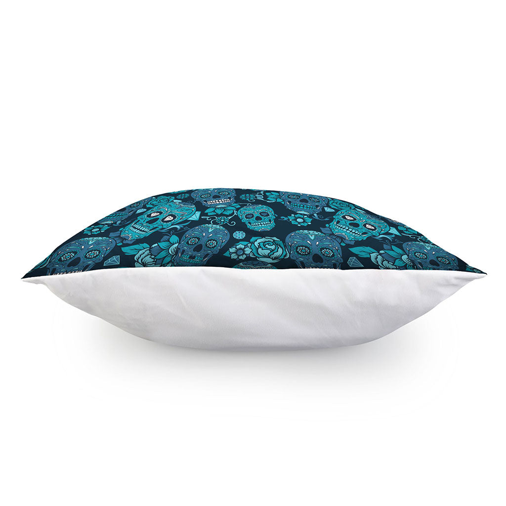 Teal Sugar Skull Flower Pattern Print Pillow Cover
