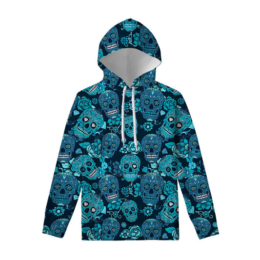 Teal Sugar Skull Flower Pattern Print Pullover Hoodie