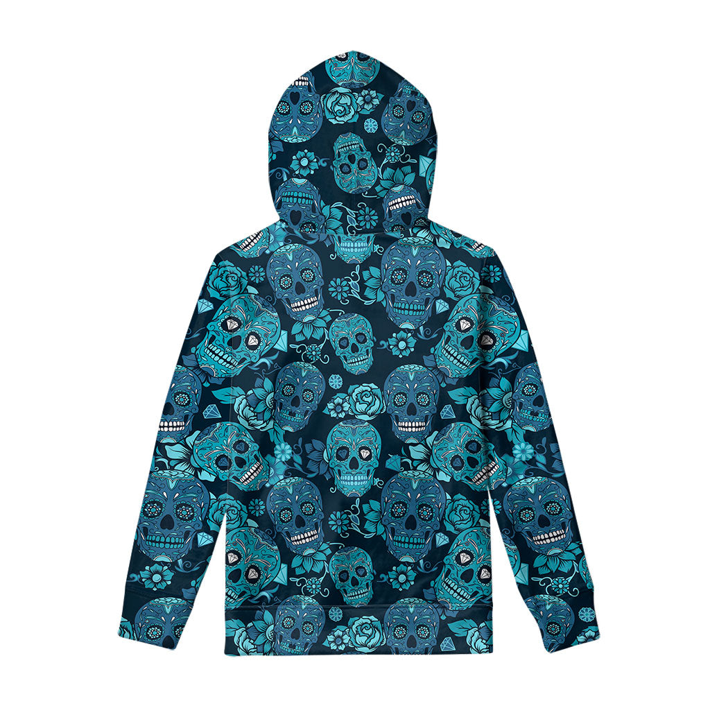 Teal Sugar Skull Flower Pattern Print Pullover Hoodie