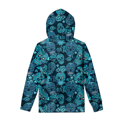 Teal Sugar Skull Flower Pattern Print Pullover Hoodie