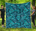 Teal Sugar Skull Flower Pattern Print Quilt
